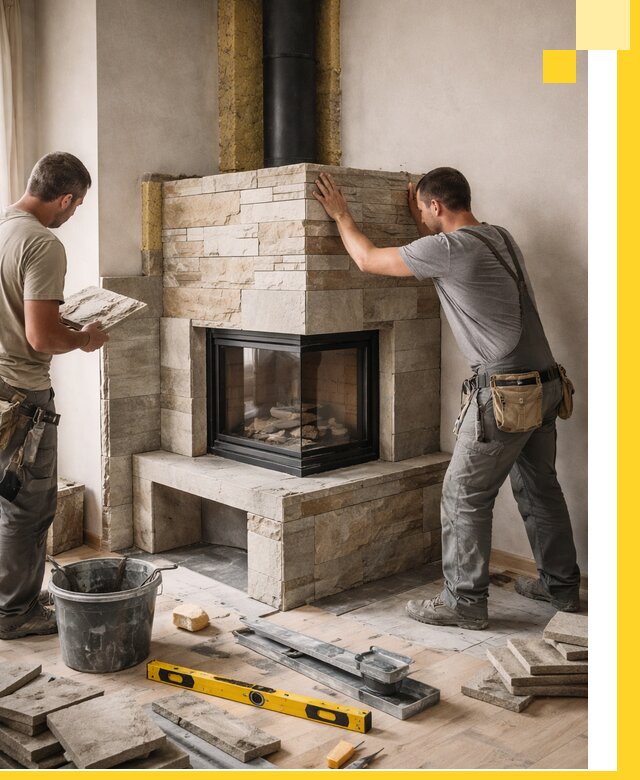 Угловые камины под ключ проект, монтаж и отделка в Пугачёве